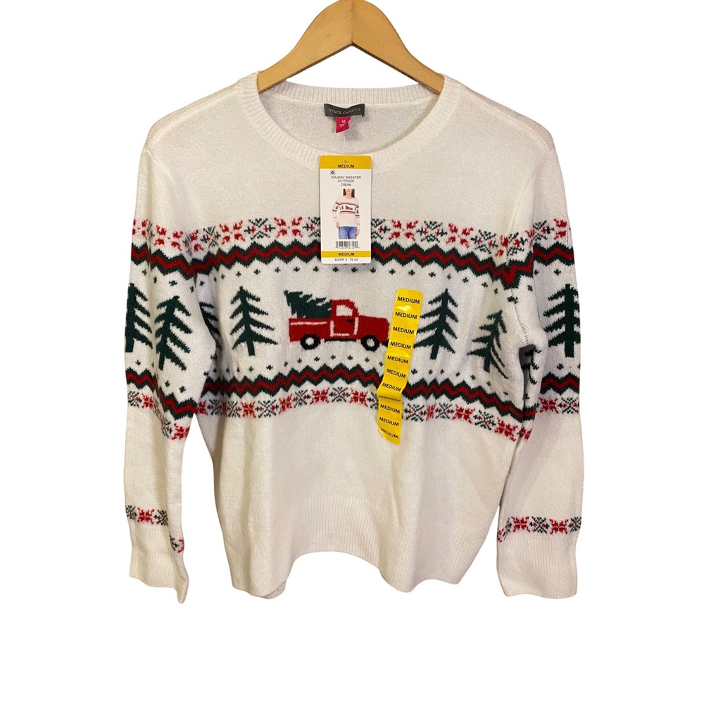 Vince Camuto Womens Holiday Sweater Cream Red Truck Christmas Tree Fair Isle M